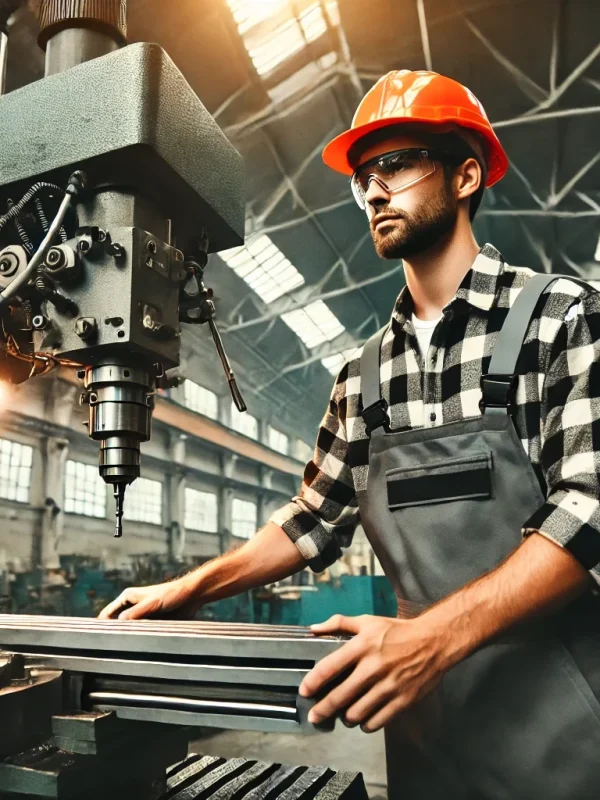 DALL·E 2025-03-13 16.20.37 - A male factory worker operating a milling machine in an industrial workshop. He is wearing an orange hard hat, safety goggles, and gray overalls over