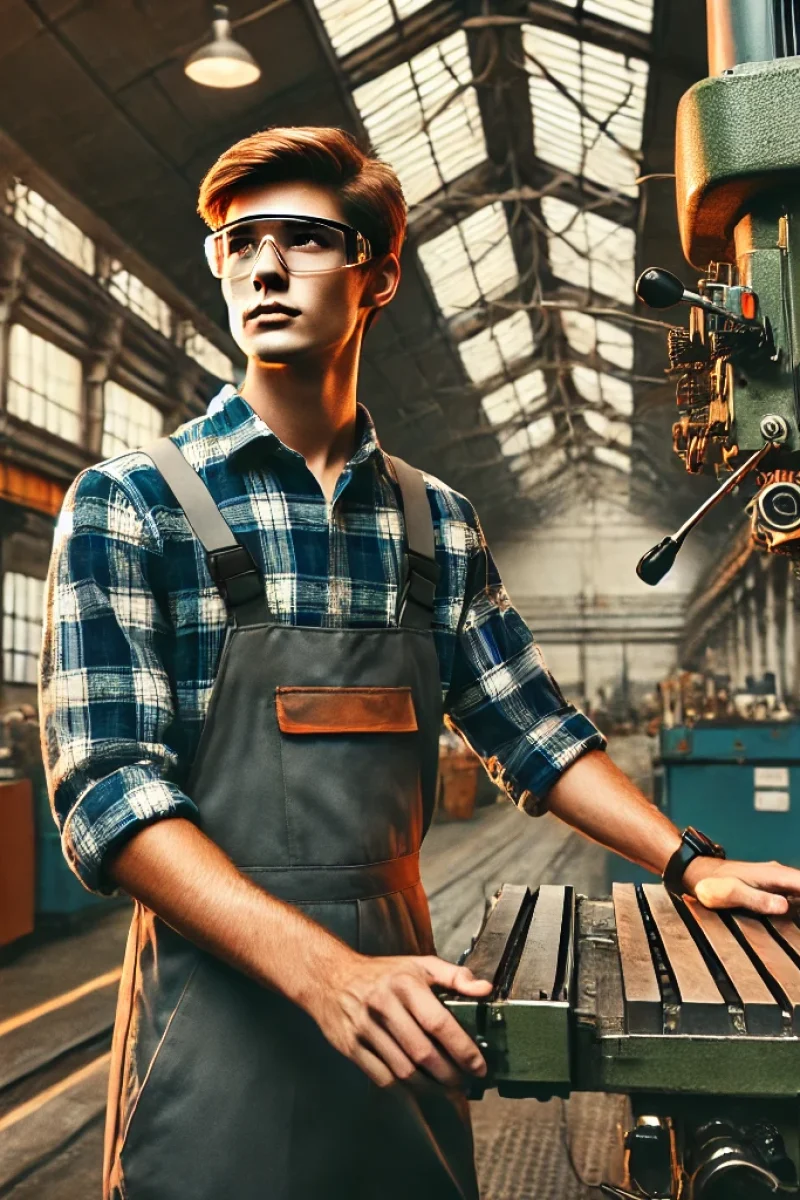 DALL·E 2025-03-15 10.26.44 - A young male factory worker operating a large industrial milling machine in a spacious, well-lit factory. He is wearing a blue plaid shirt, gray overa